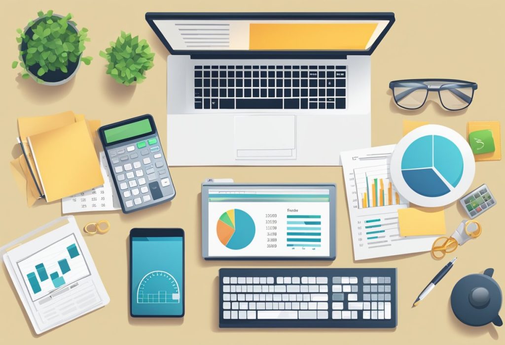 Picutre of How to Make a Budget to Pay Off Debt Faster showing a computer, calculator, glasses, notebook and graphs at a desk in an overview shot. 